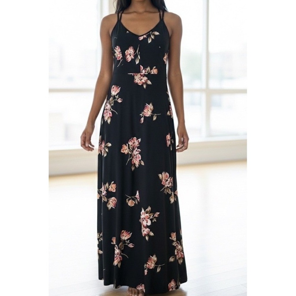 Nine Britton Black Floral Crisscross Strap Maxi Dress Women's XL‎
